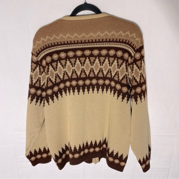 Vintage White Ram Tan Brown Fair Isle Virgin Wool Knit Button Up Cardigan M - Picture 15 of 16